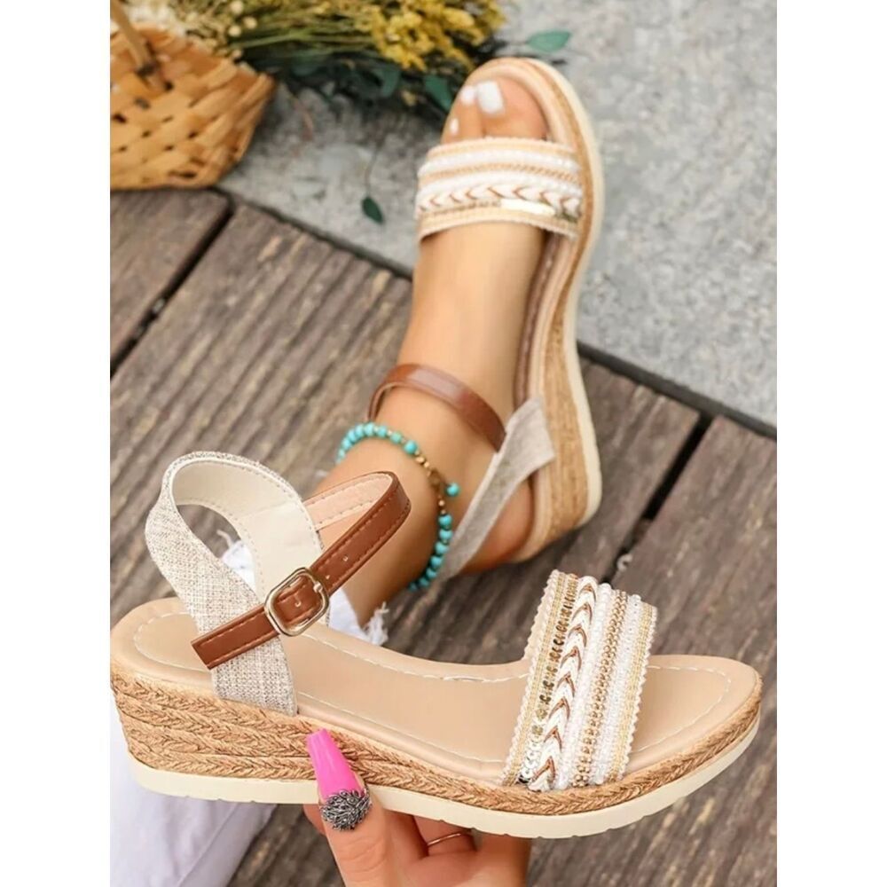 Private Label Brown and Cream Braided Wedge Sandals